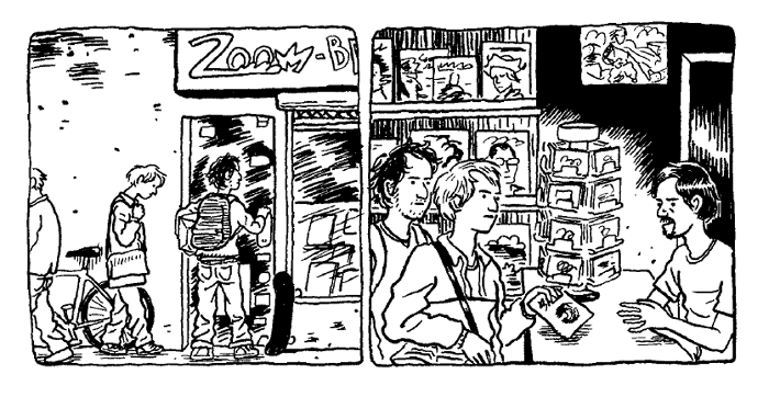 Deux cases de bande dessinée représentant des étapes du processus de diffusion d&rsquo;un fanzine