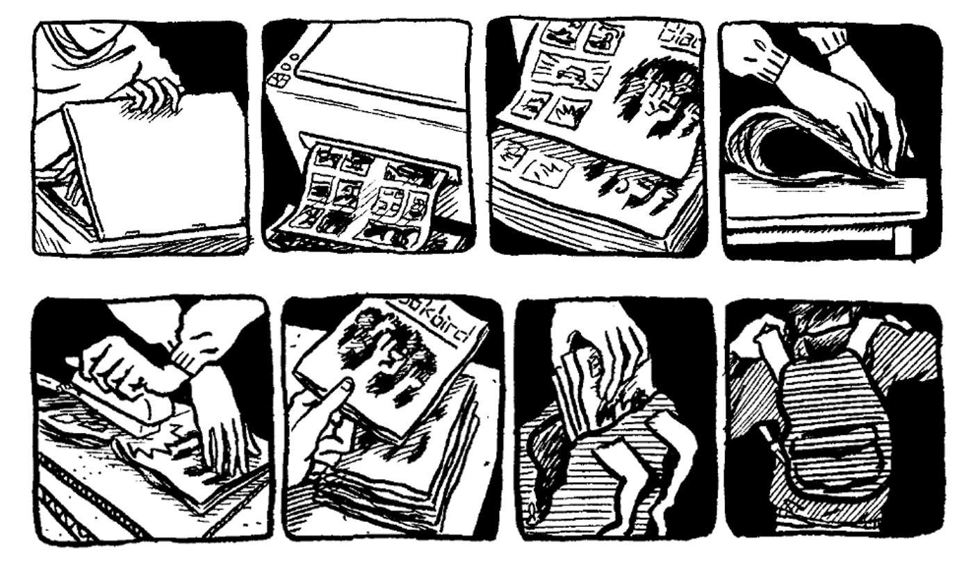 6 cases de bande dessinée représentant les étapes de fabrication d&rsquo;un fanzine : photocopie, pliage