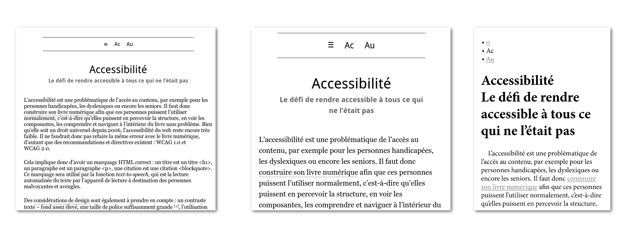 Image de trois rendus du même livre numérique via trois applications différentes.)