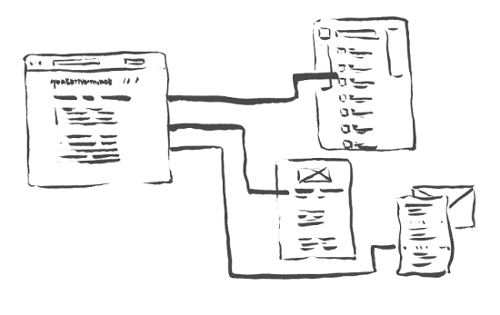 Illustration représentant la diffusion façon POSSE, depuis une page web vers Twitter, une newsletter et vers une lettre imprimée