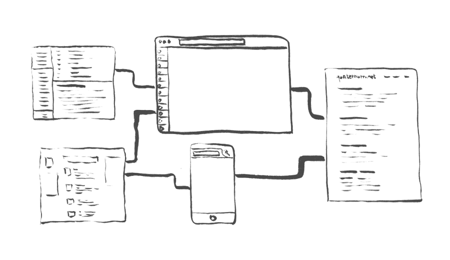 Illustration représentant la chaîne de veille d’Antoine (flux RSS, navigateur, site web)