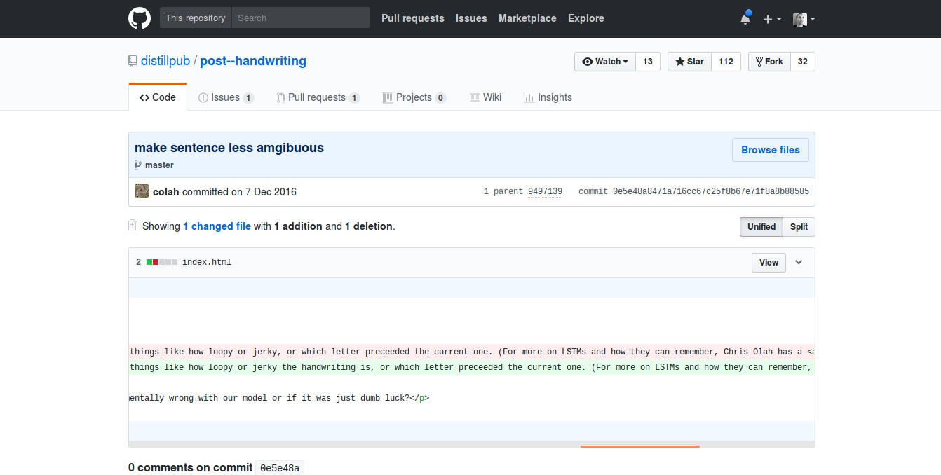 Capture d&rsquo;écran de l&rsquo;affichage de différences de deux modifications d&rsquo;un fichier de la revue Distill sur GitHub