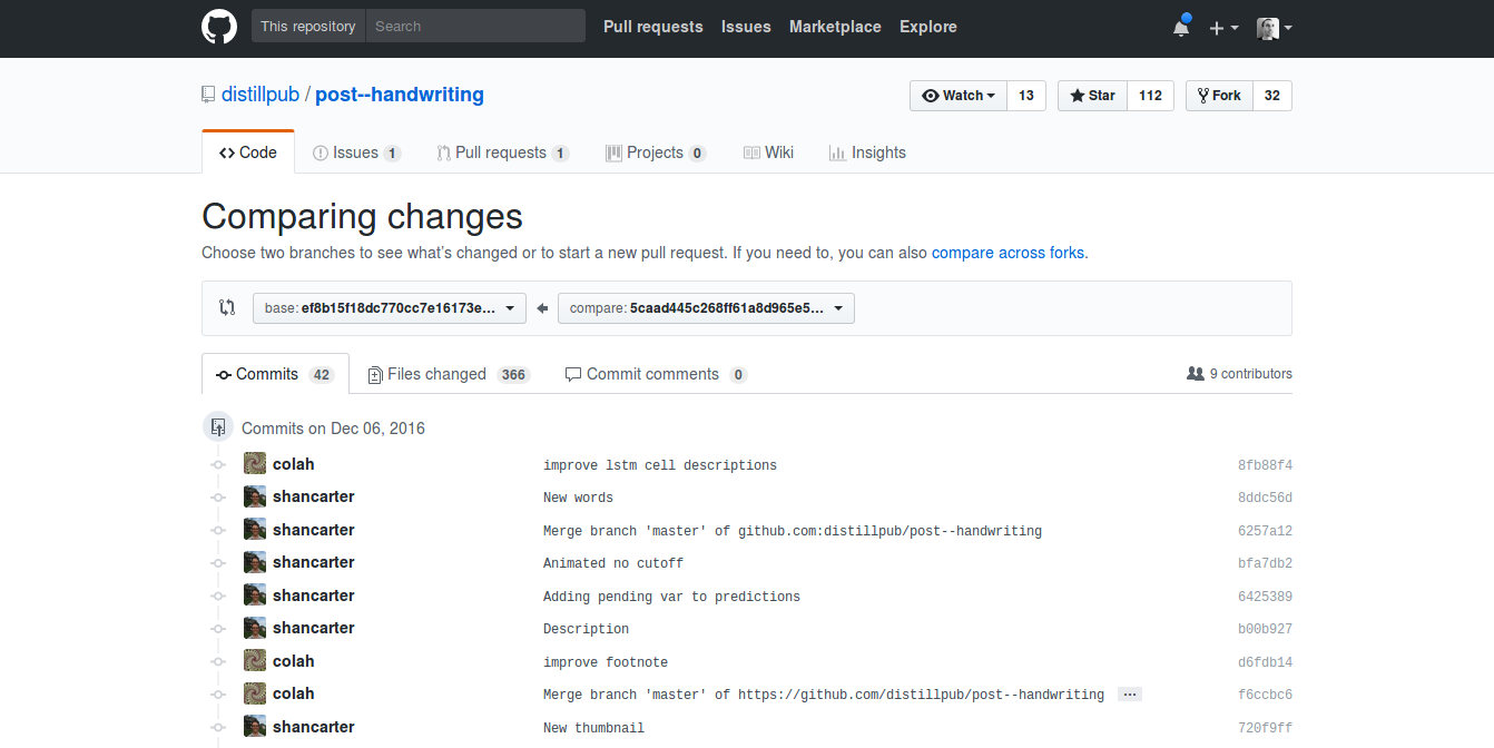 Capture d&rsquo;écran de l&rsquo;historique de modifications d&rsquo;un dépôt de Distill sur GitHub