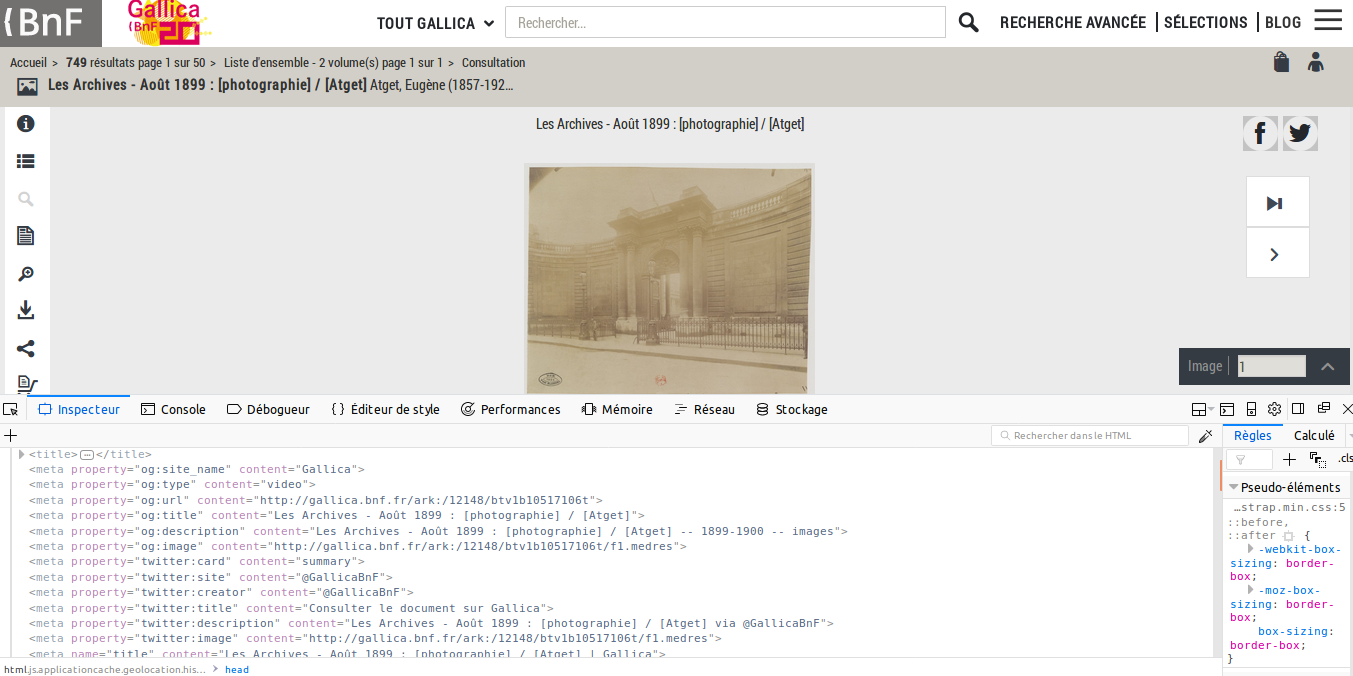 Capture d’écran d’une page d’un document sur Gallica, avec l’affichage du code source